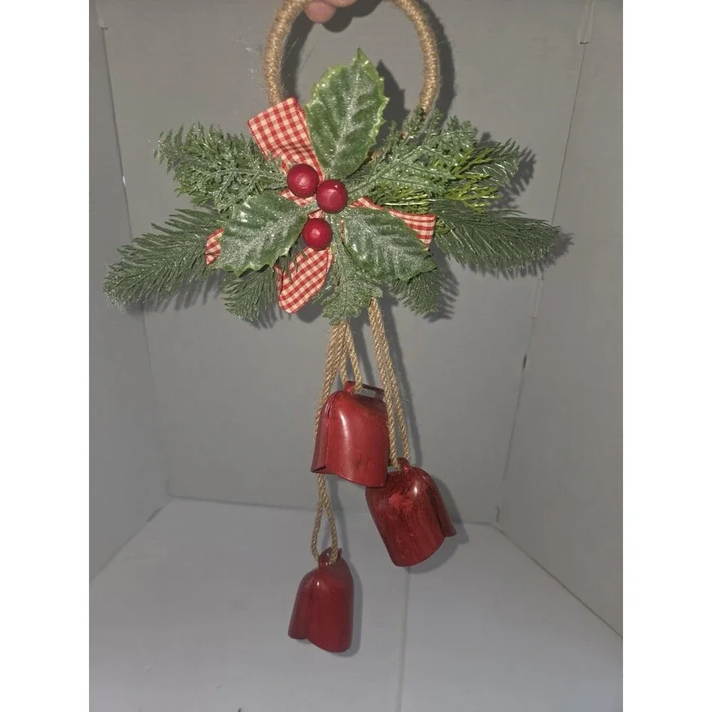 Christmas Hanging Door Decor Rope Ring Faux Greenery Ribbon Red Bells Berries